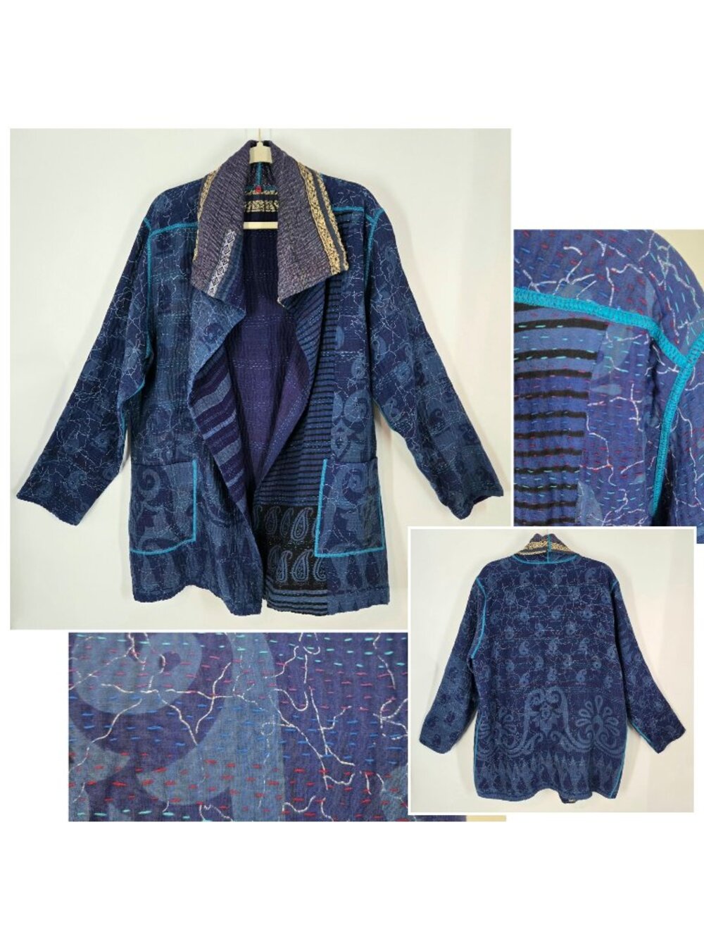 Mieko Mintz Blue Cotton Hand Stitched Kantha Fabric Coat Jacket Artsy Size XL
